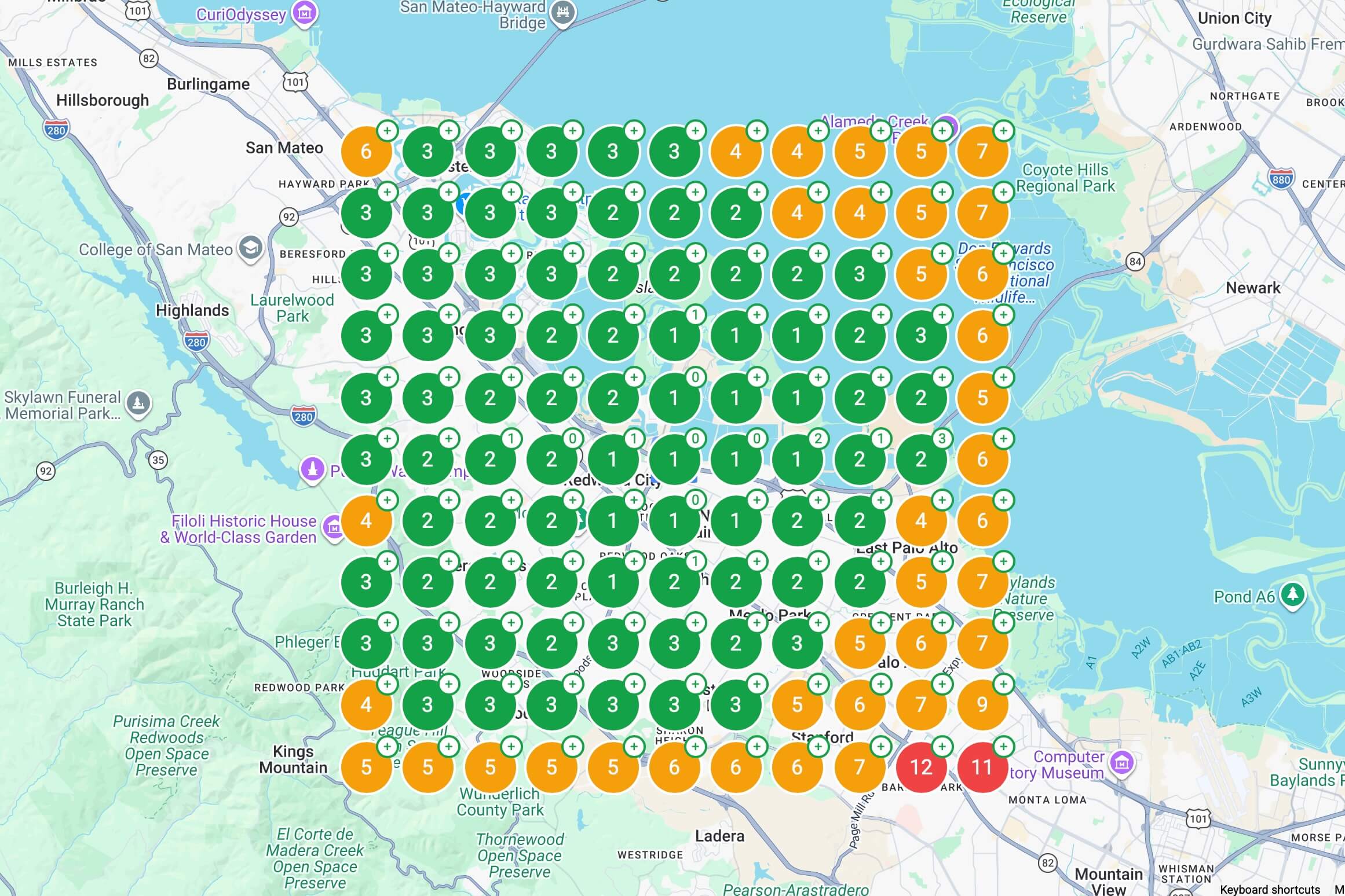 Google Maps ranking after optimization - mostly green markers showing top 3 positions