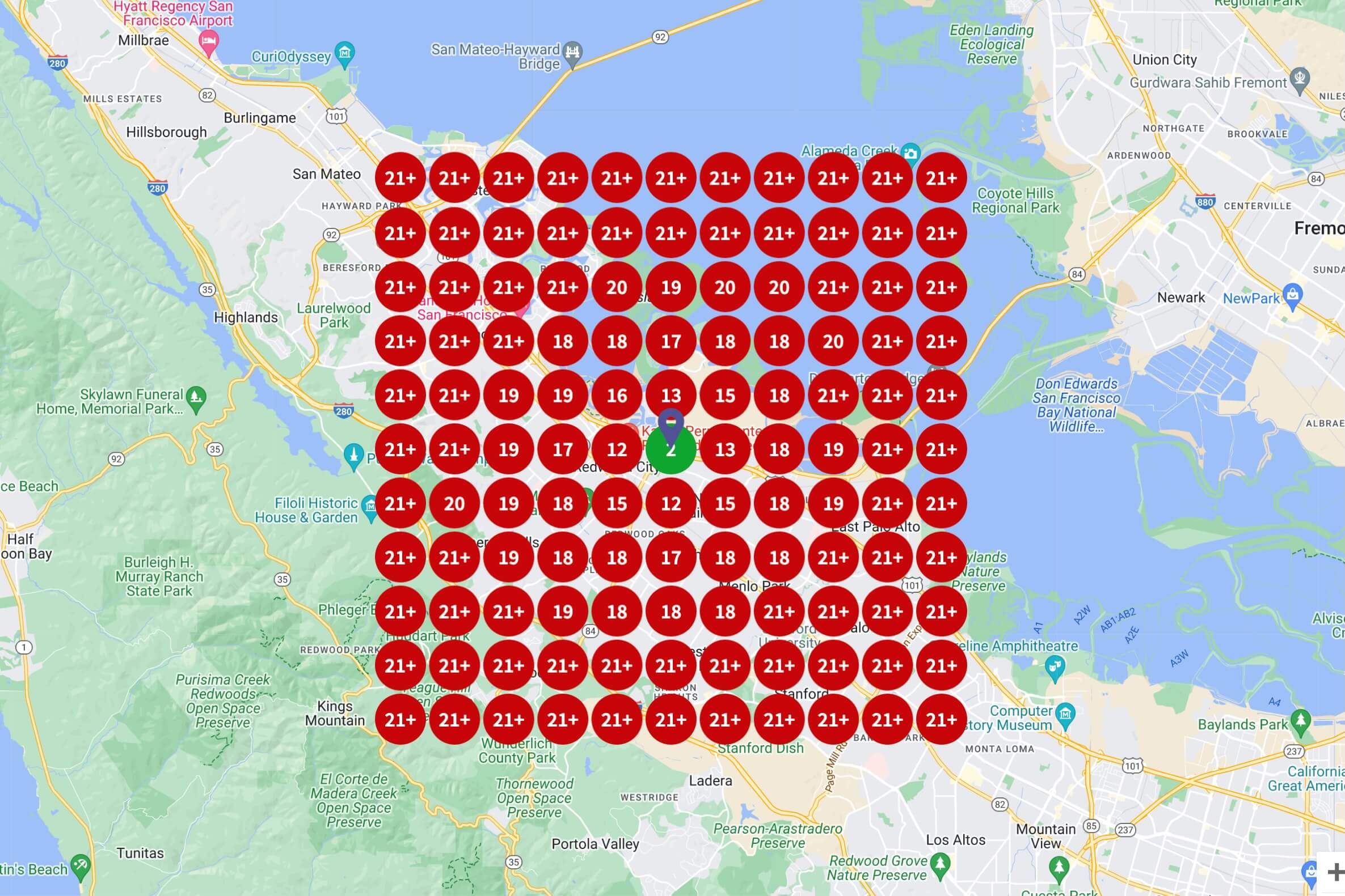 Google Maps ranking before optimization - mostly red markers showing 21+ positions