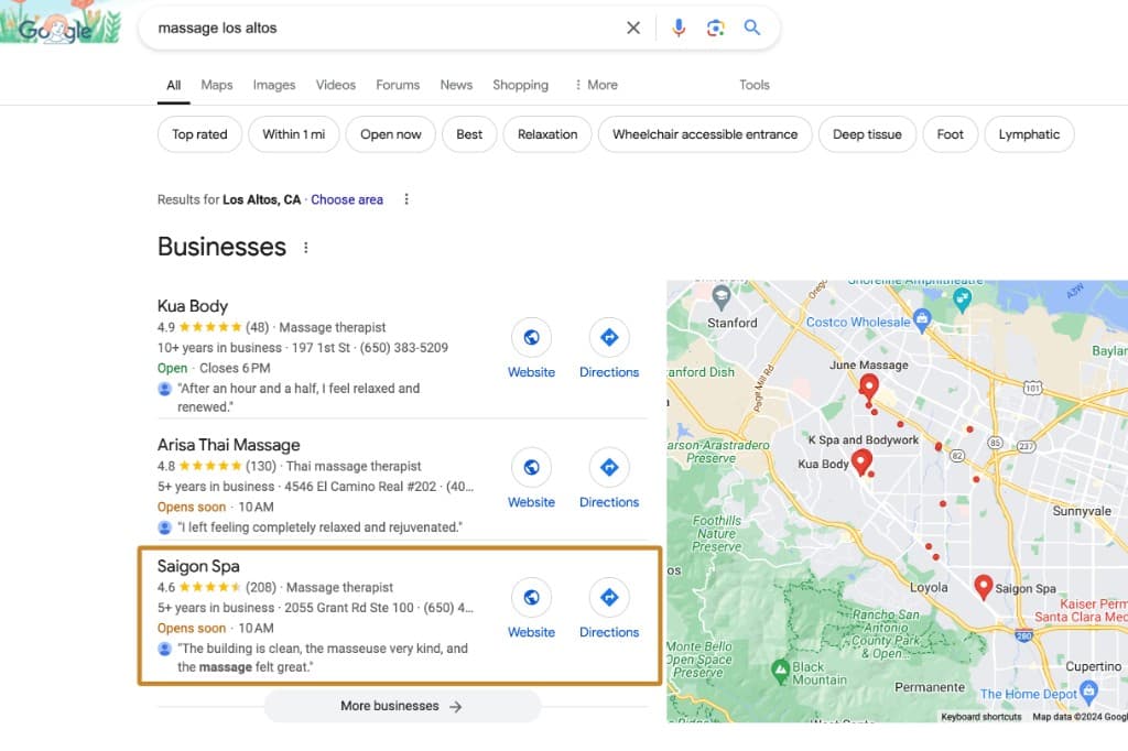 Saigon Spa ranked #3 in Google Local Pack for massage los altos before optimization
