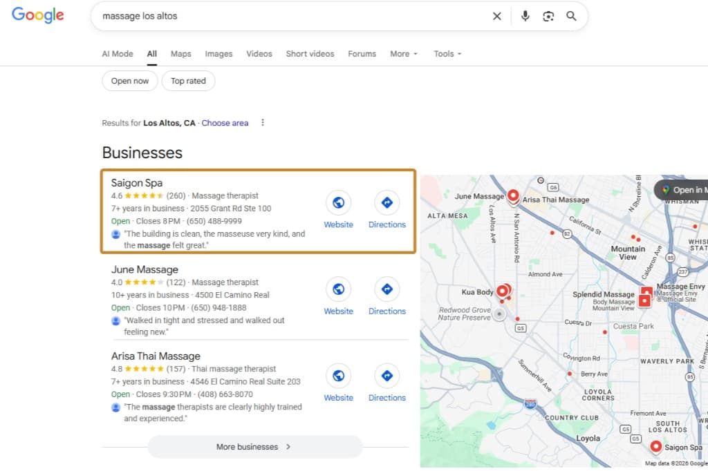 Saigon Spa ranked #1 in Google Local Pack for massage los altos after optimization